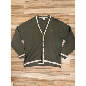 Lacoste Mens V-Neck Knit Cardigan Olive Green Striped Trim Size 9 Made In France